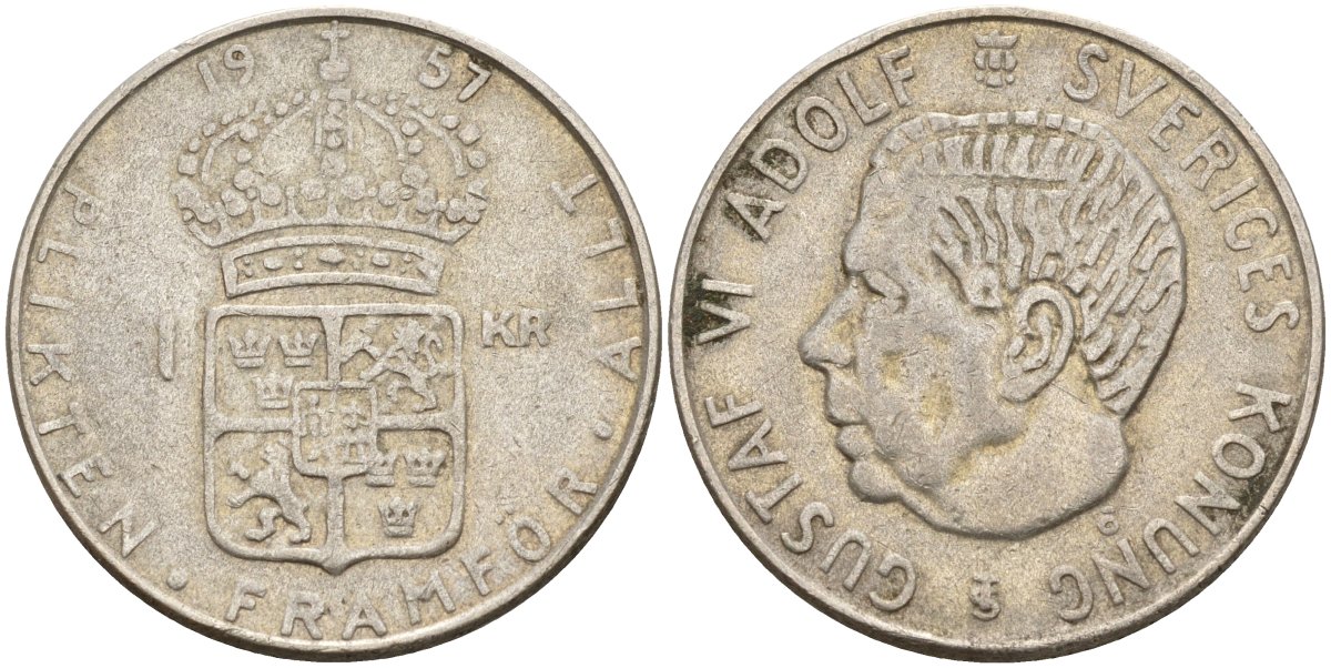 Швеция 1 крона 1957 TS, Густав VI Адольф (1950-1973) KM 826 серебро 4148-1155