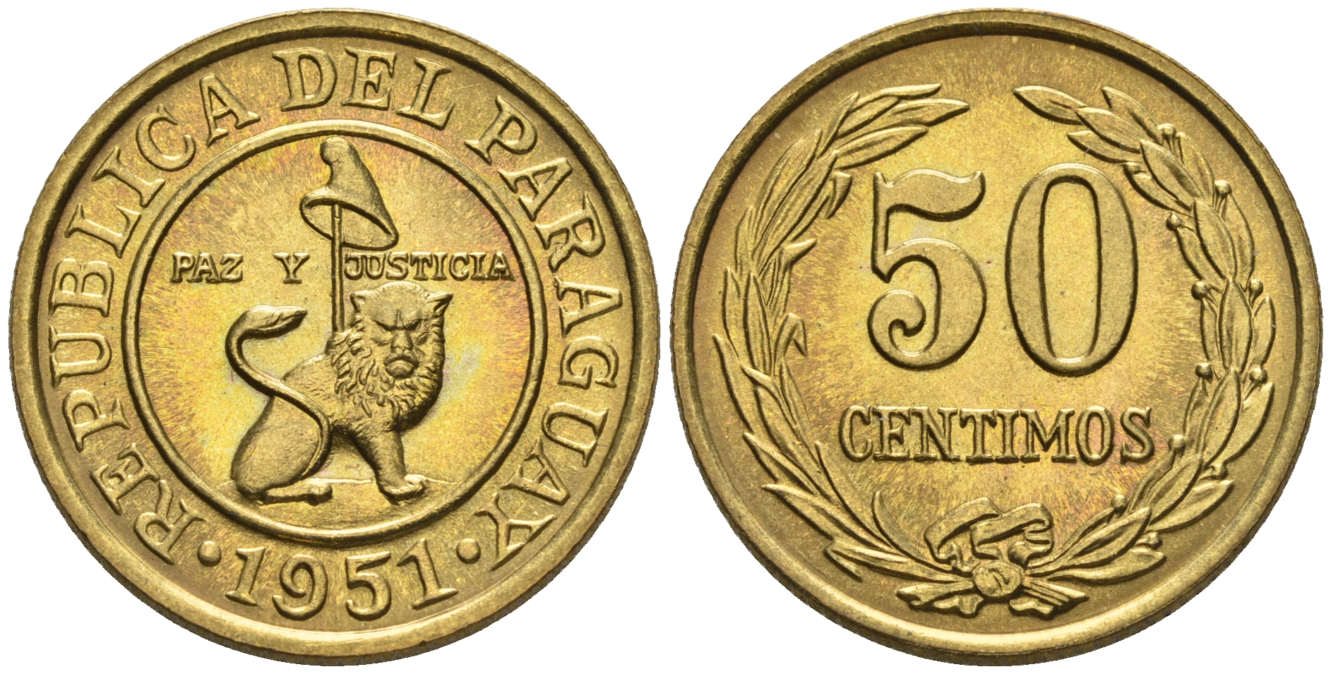 Парагвай 50 сентимо 1951 лев, фригийский колпак на шесте KM 24 алюминиевая бронза  aUNC  4177-612