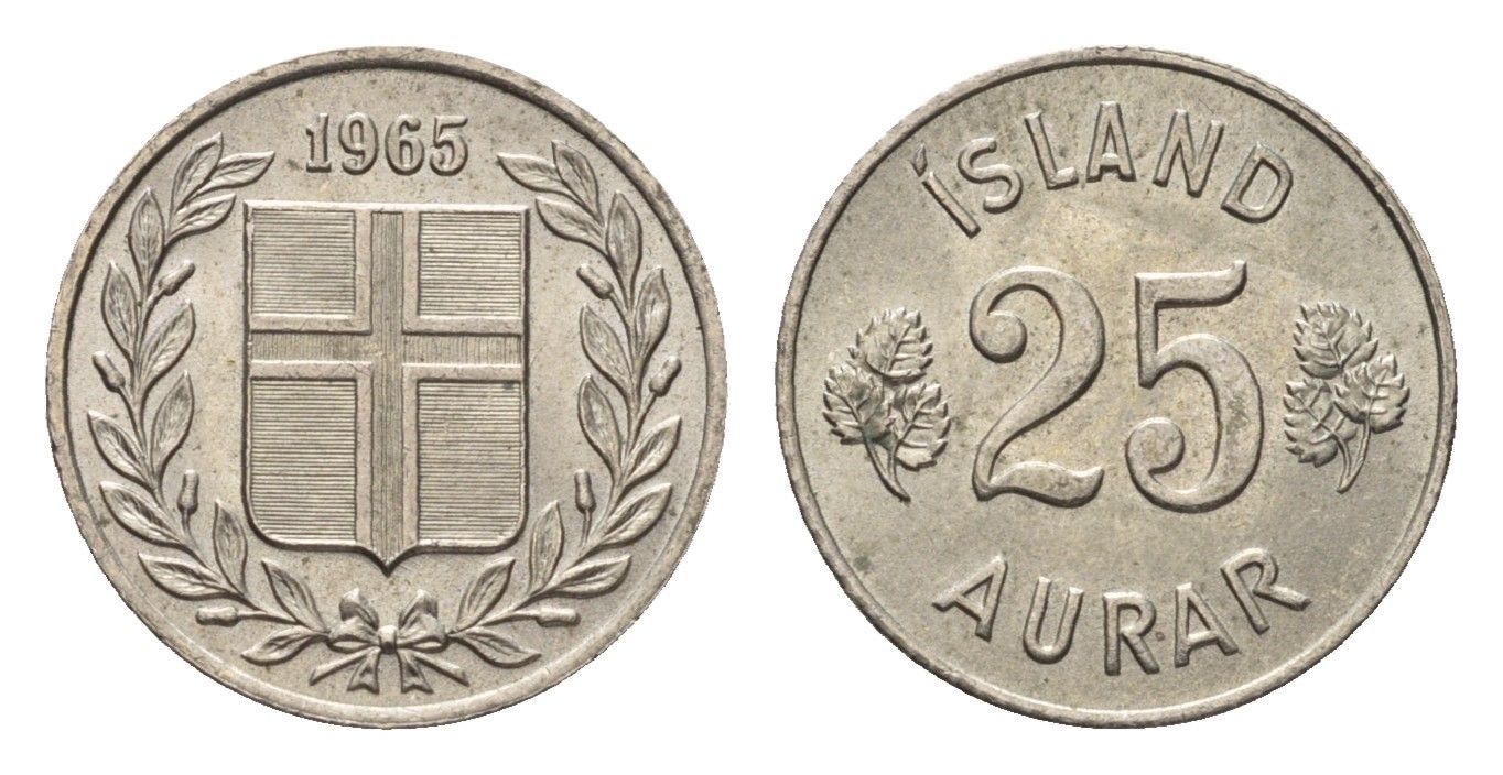 Исландия 25 эйре 1965 KM 11 медно-никель UNC 4696-337