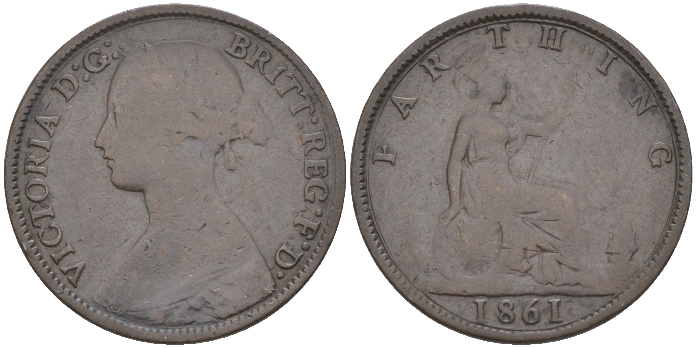 Великобритания 1 фартинг 1861 Виктория (1837-1901) KM 747.2, Spink 3958 бронза 63-225