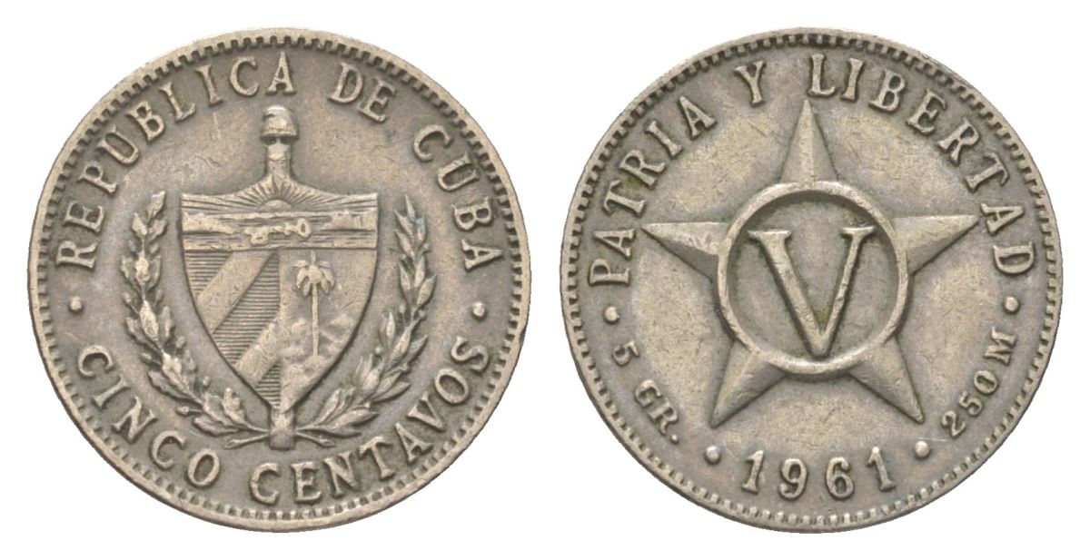 Куба 5 сентаво 1961 звезда, первая Республика (1902-1961) KM 11.3 медно-никель 4623-828
