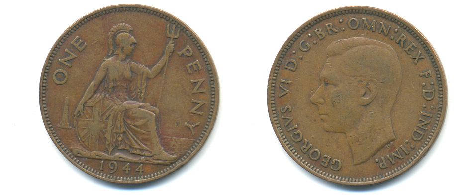 Великобритания 1 пенни 1944 Георг VI (1936-1952) KM 845, Spink 4114 бронза 89-213