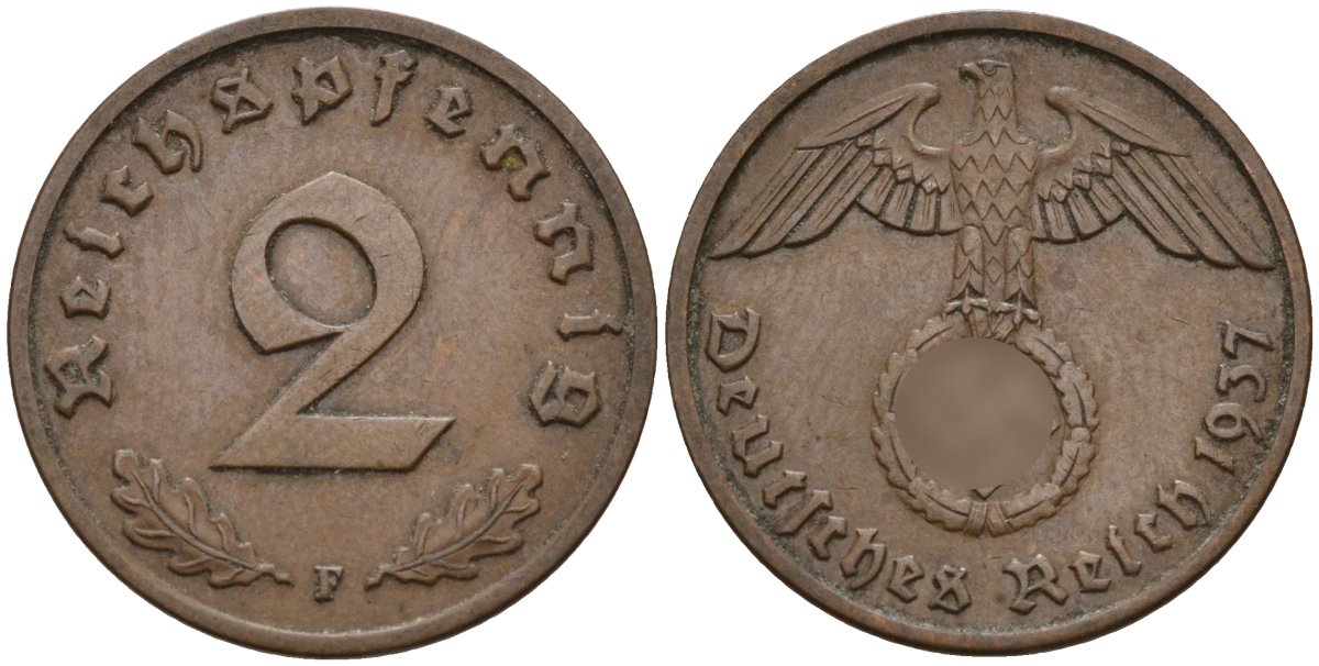 Германия 2 рейхспфеннига 1937 F KM 90, J. 362 бронза 4147-1256
