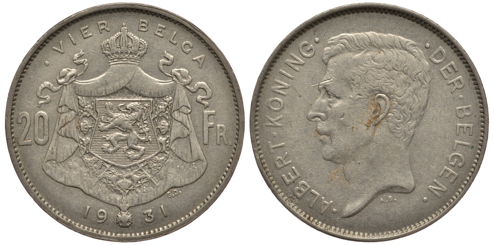 БЕЛЬГИЯ 20 ФРАНКОВ 1931 АЛЬБЕРТ, DER BELGEN KM 102 никель 3896-1241