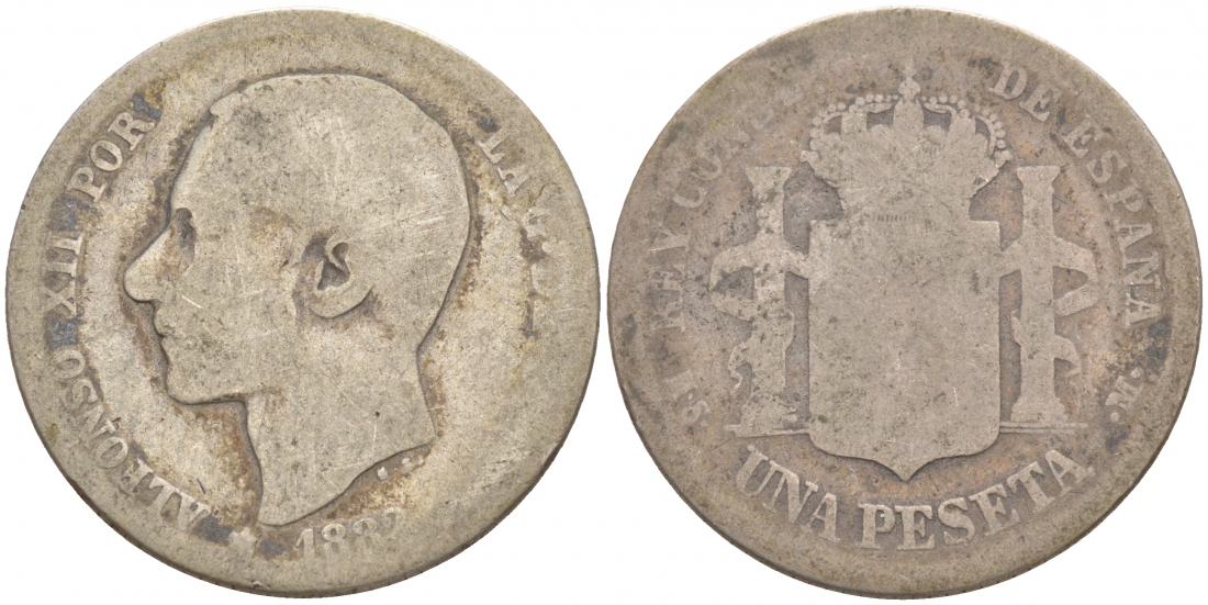 Испания 1 песета 1882 MS-M, АЛЬФОНСО XII (1874-1885) KM 686 (Y-B76) серебро 186-133