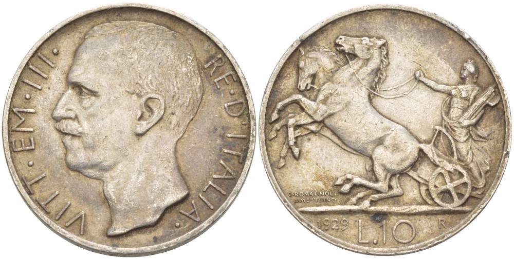 ИТАЛИЯ 10 ЛИР 1929 R, ВИКТОР ЭММАНУИЛ III (1900-1946), ПРОБА 835 (**FERT**), РЕДКАЯ KM 68.2 серебро 1519-244
