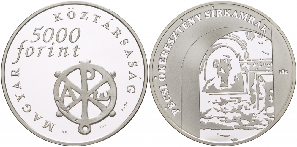 Венгрия 5000 форинтов 2004 Раннехристианское захоронение в городе Печ, тираж 5000 экземпляров KM 778 серебро PROOF 11-176-31