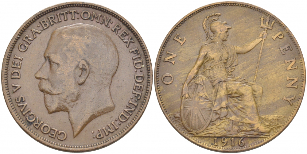 Великобритания 1 пенни 1916 Георг V (1910-1936) КМ 810, Spink 4051 бронза 3996-235