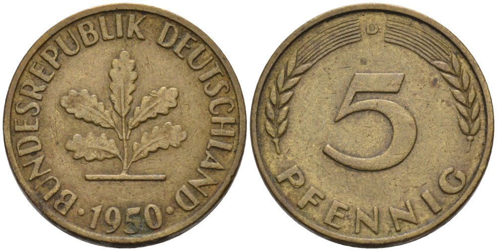 ФРГ 5 ПФЕННИГОВ 1950 D KM 107, J.382 сталь плакированная латунью 4567-865
