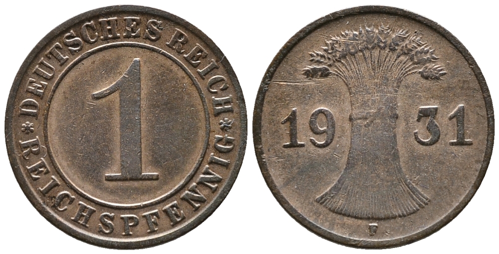 ГЕРМАНИЯ 1 РЕЙХСПФЕННИГ 1931 F KM 37, J. 313 бронза 39-1052