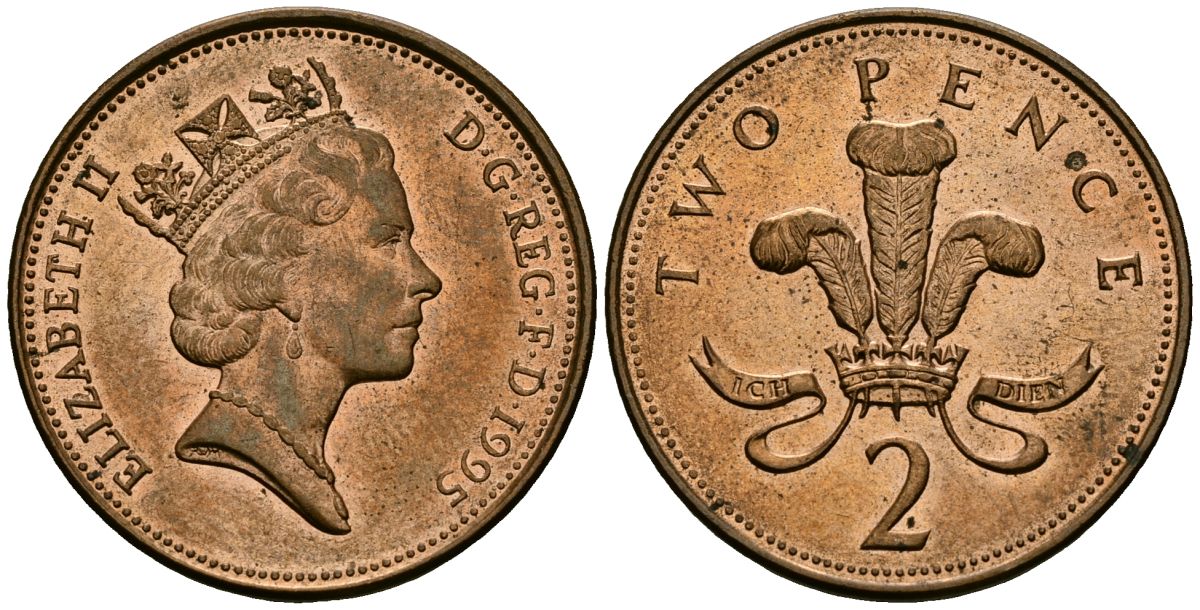 Великобритания 2 пенса 1995 Елизавета II (1952-2022) KM 936a, Spink 4376 (C4) сталь плакированная медью 3333-236