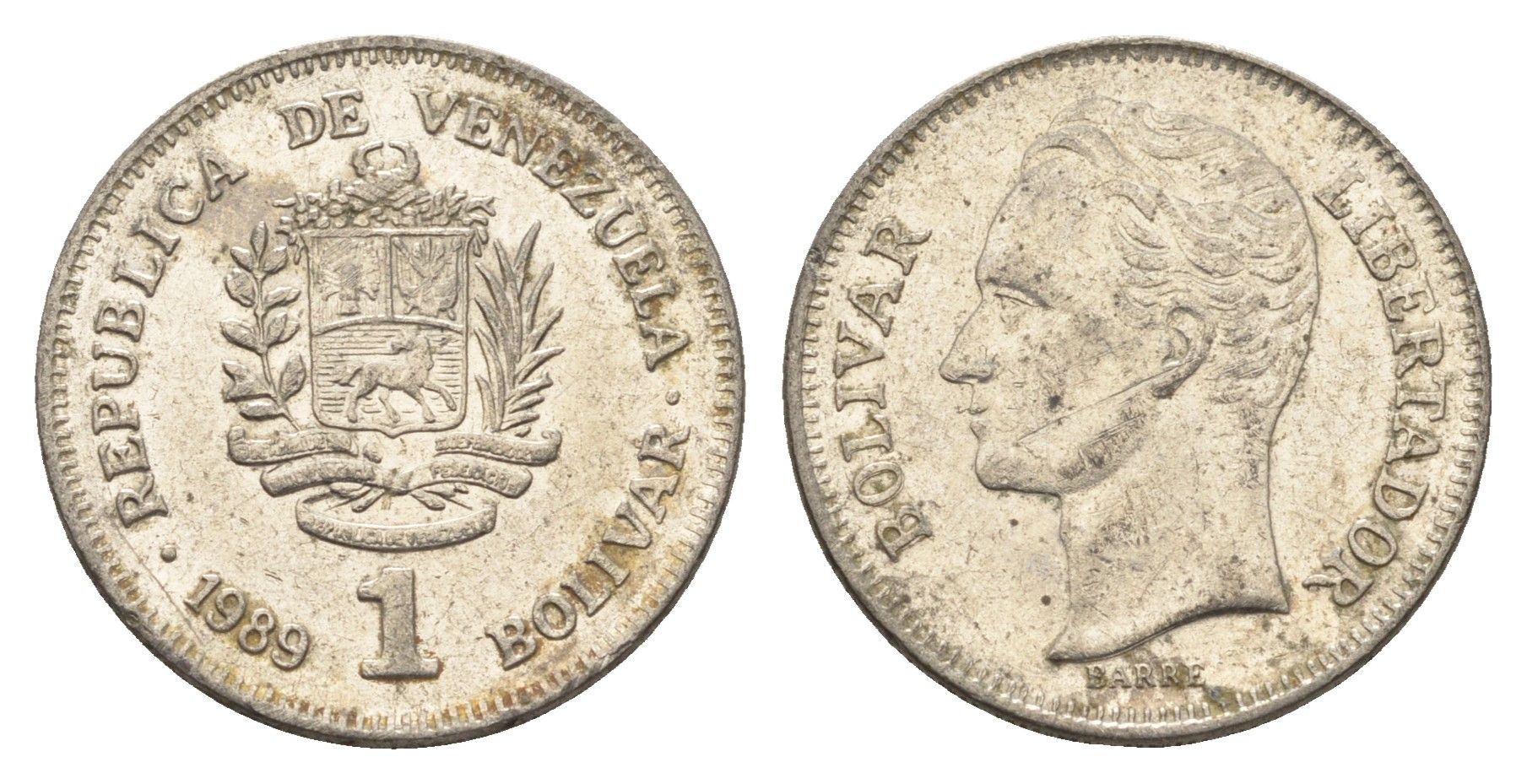 Венесуэла 1 боливар 1989 Симон Боливар, тонкий шрифт Y 52a.1 сталь плакированная никелем 4662-845