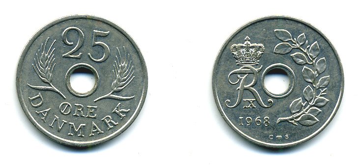 Дания 25 эре 1968 С;S, Фредерик IX (1947-1972) KM 855.1 медно-никель 25-456