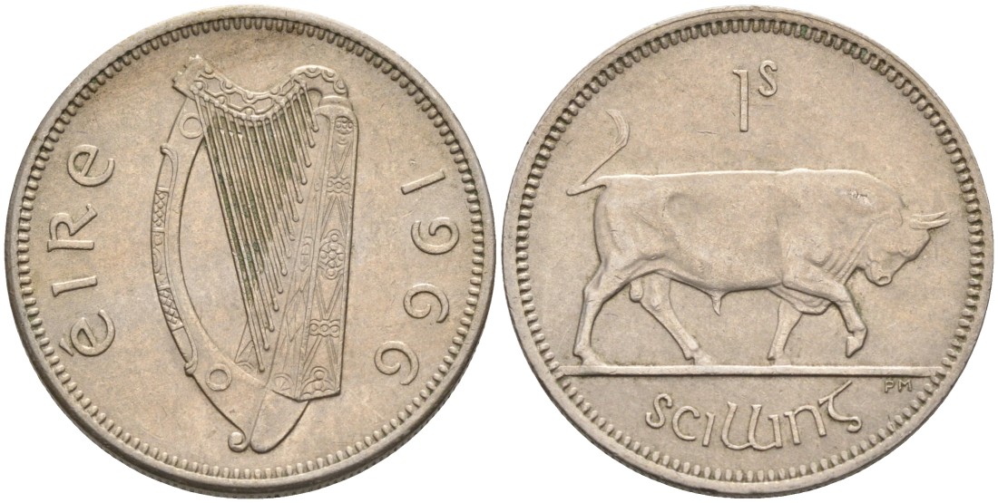 Ирландия 1 шиллинг 1966 бык KM 14а медно-никель 4561-1121