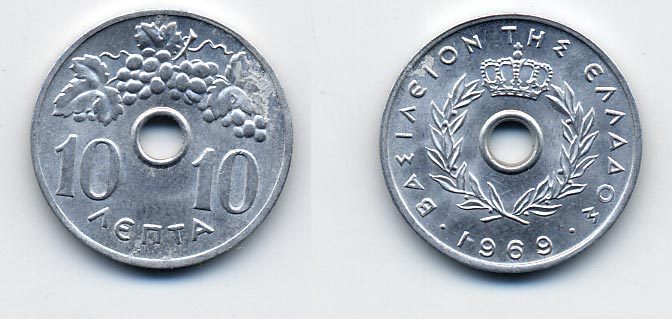 Греция 10 лепта 1969 Константин II (1964-1973), виноградная гроздь KM 78 алюминий UNC 41-611