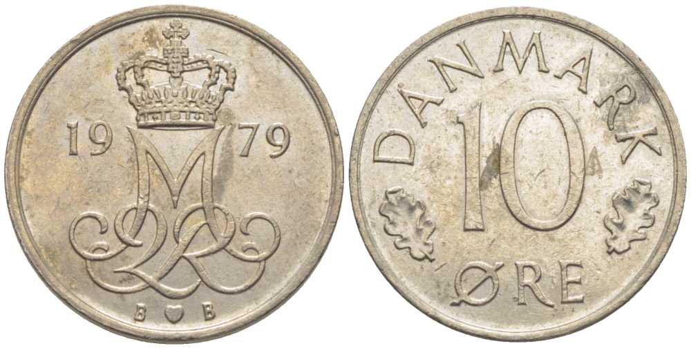 ДАНИЯ 10 ЭРЕ 1979 B; B, МАРГРЕТЕ II (1972-) KM 860.2 медно-никель 116-247