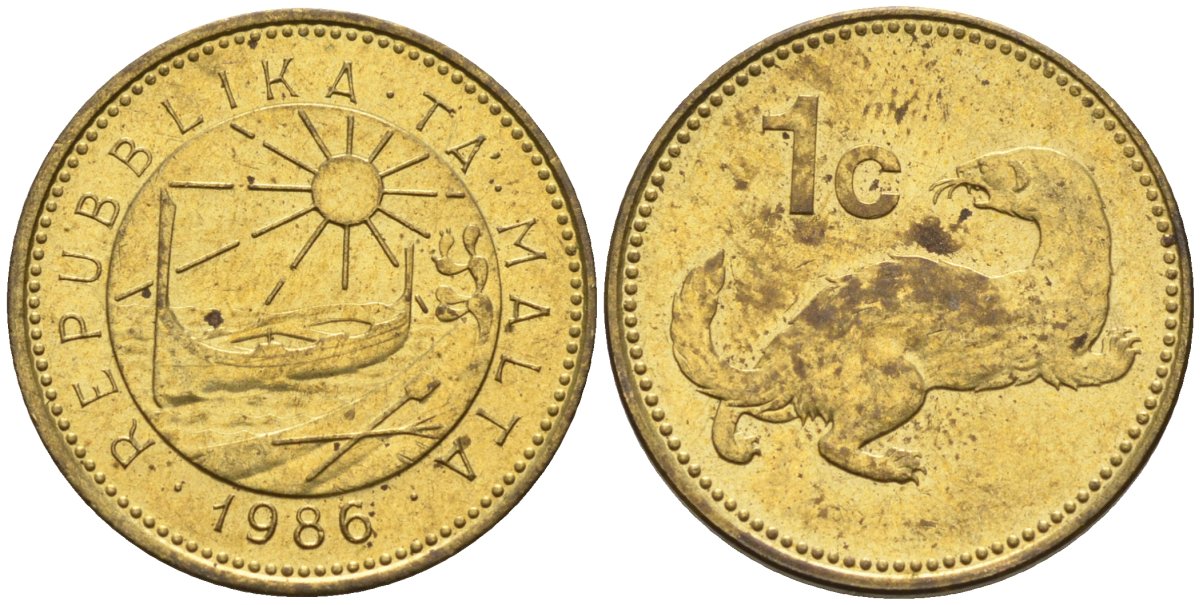 Мальта 1 цент 1986 ласка, горностай KM 78 никель латунь 4585-1142