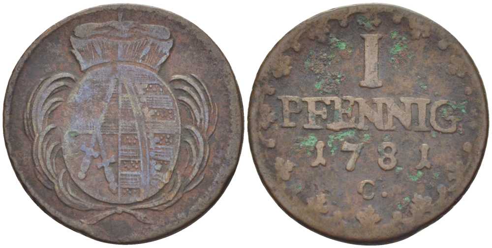 САКСОНИЯ 1 ПФЕННИГ 1781 С, ФРИДРИХ АВГУСТ III (1763-1806) KM 1000 (С91) медь 206-354