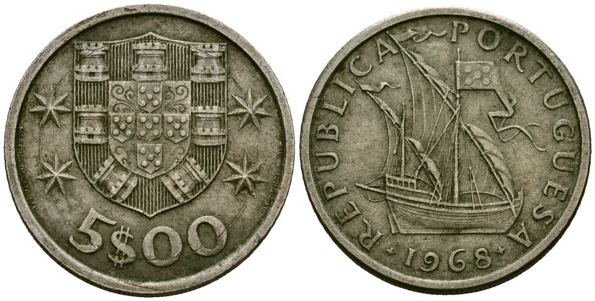 Португалия 5 эскудо 1968 KM 591 медно-никель 4138-216