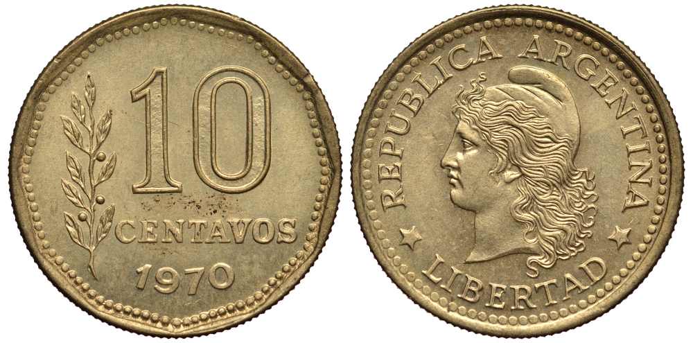 Аргентина 10 сентаво 1970 голова свободы влево KM 66 алюминиевая бронза XF-UNC 4181-221