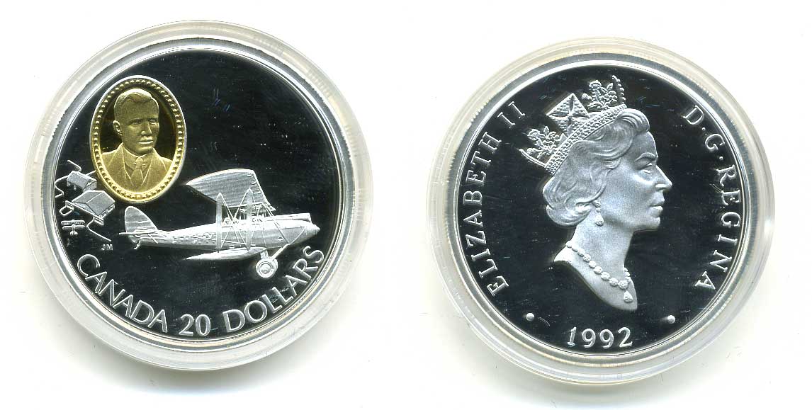 Канада 20 долларов 1992 самолет Кёртис JN-4, промышленник Фрэнк Уилтон Бейли, оригинальная коробочка, сертификат KM 224 серебро, позолота PROOF 5-4-5-20