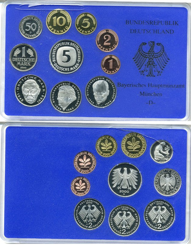 ФРГ государственный набор из 10 монет 2000 D    PROOF  3-5-3-33