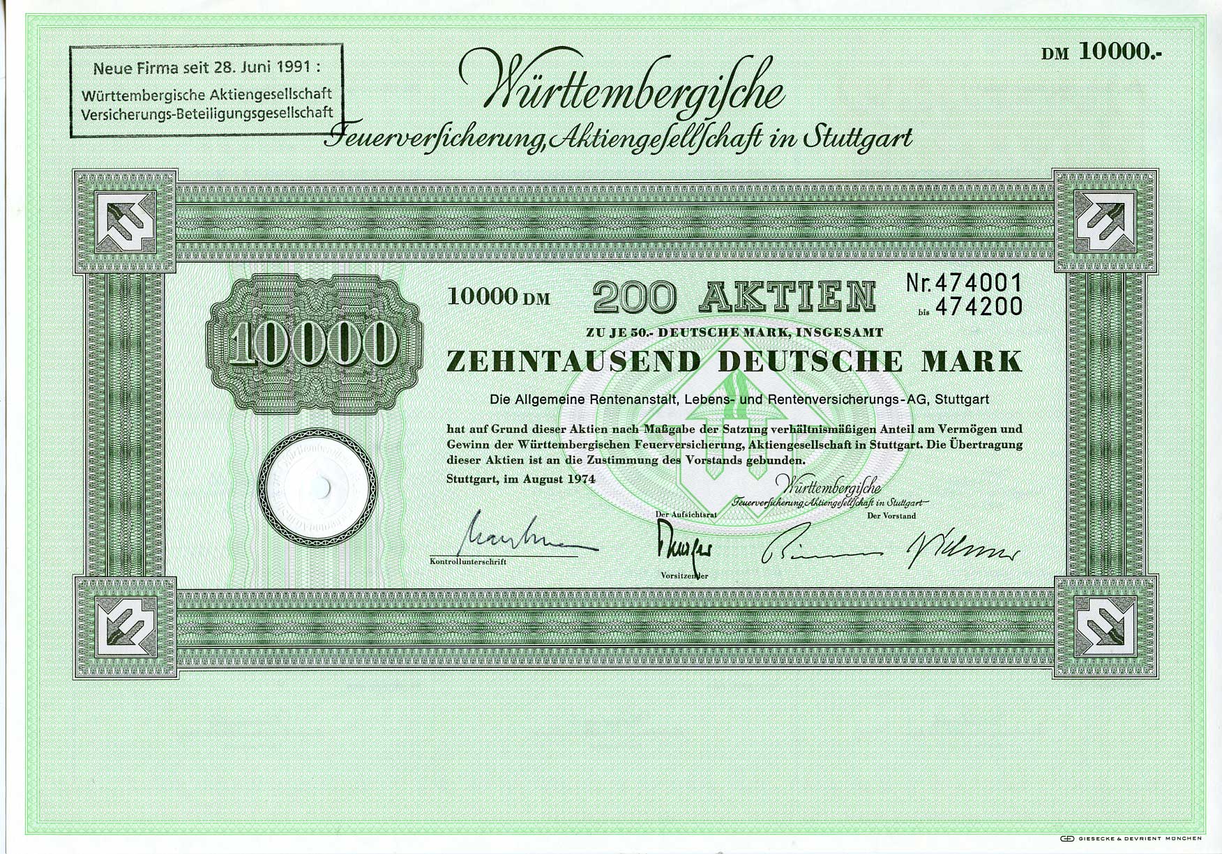 ФРГ 10000 марок 1974 Акционерное общество по страхованию от пожаров Вюртемберга, 200 акций   бумага   8803-40-1