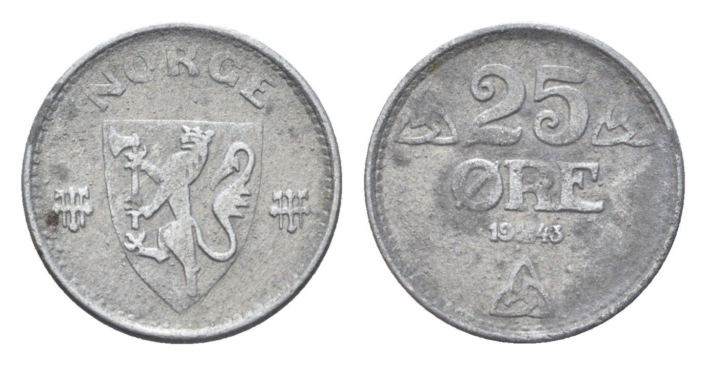 Норвегия 25 эре 1943 Хокон VII (1905-1957) KM 395 цинк 4705-843