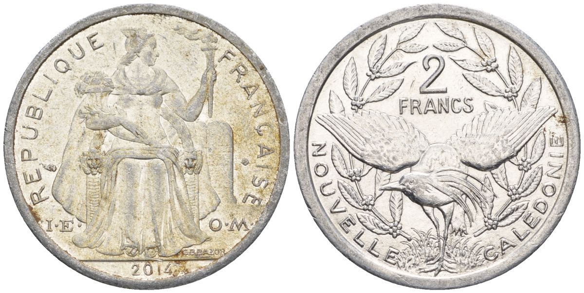 Французская Новая Каледония 2 франка 2014 птица кагу, (IEOM) KM 14, Schoen 11 алюминий    27-132