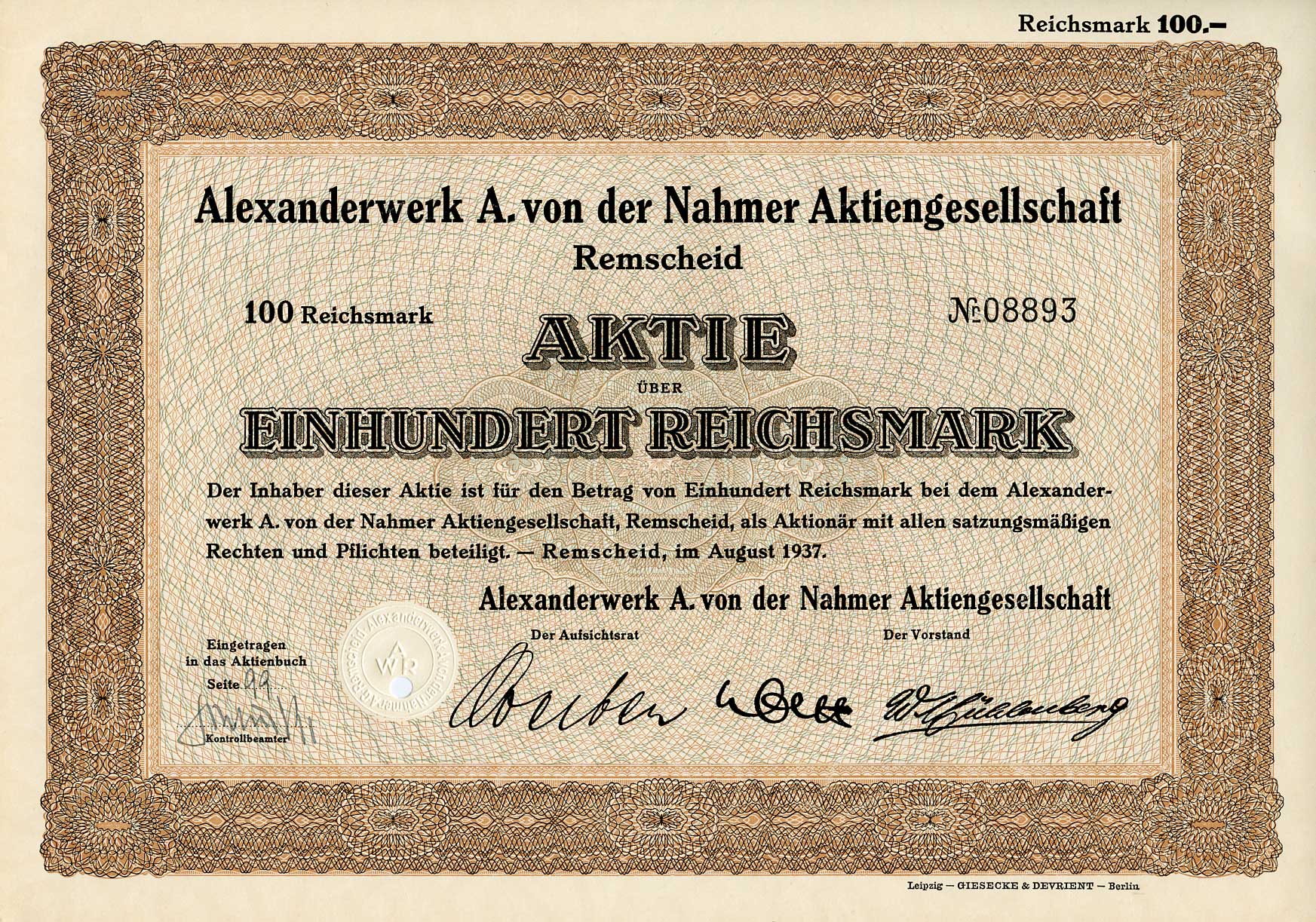 Германия 100 рейхсмарок 1937 Александрверк А. фон дер Нахмер АГ Ремшайд, акция   бумага  8803-107-1