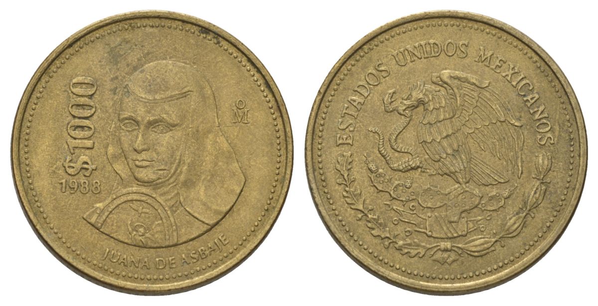 Мексика 1000 песо 1988 Мо, Хуана де Асбахе KM 536 алюминиевая бронза 3333-113