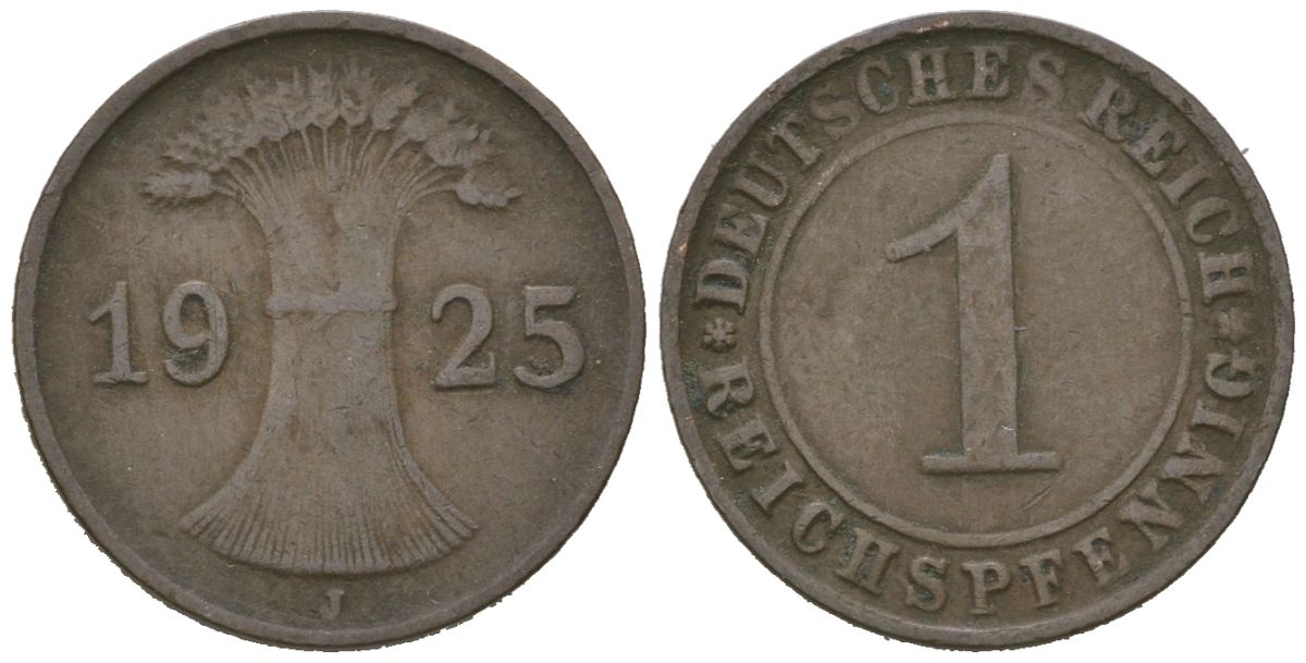 Германия 1 рейхспфенниг 1925 J KM 37, J. 313 бронза 4615-232