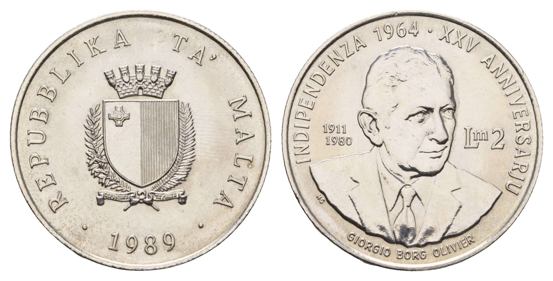 Мальта 2 лиры (фунта) 1989 25 лет Независимости KM 88 серебро BU 270-615