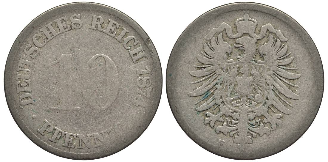 ГЕРМАНИЯ 10 ПФЕННИГОВ 1874 F, СТАРОГЕРБОВКА KM 4, Jager 4, Weege 7 медно-никель 4546-1116