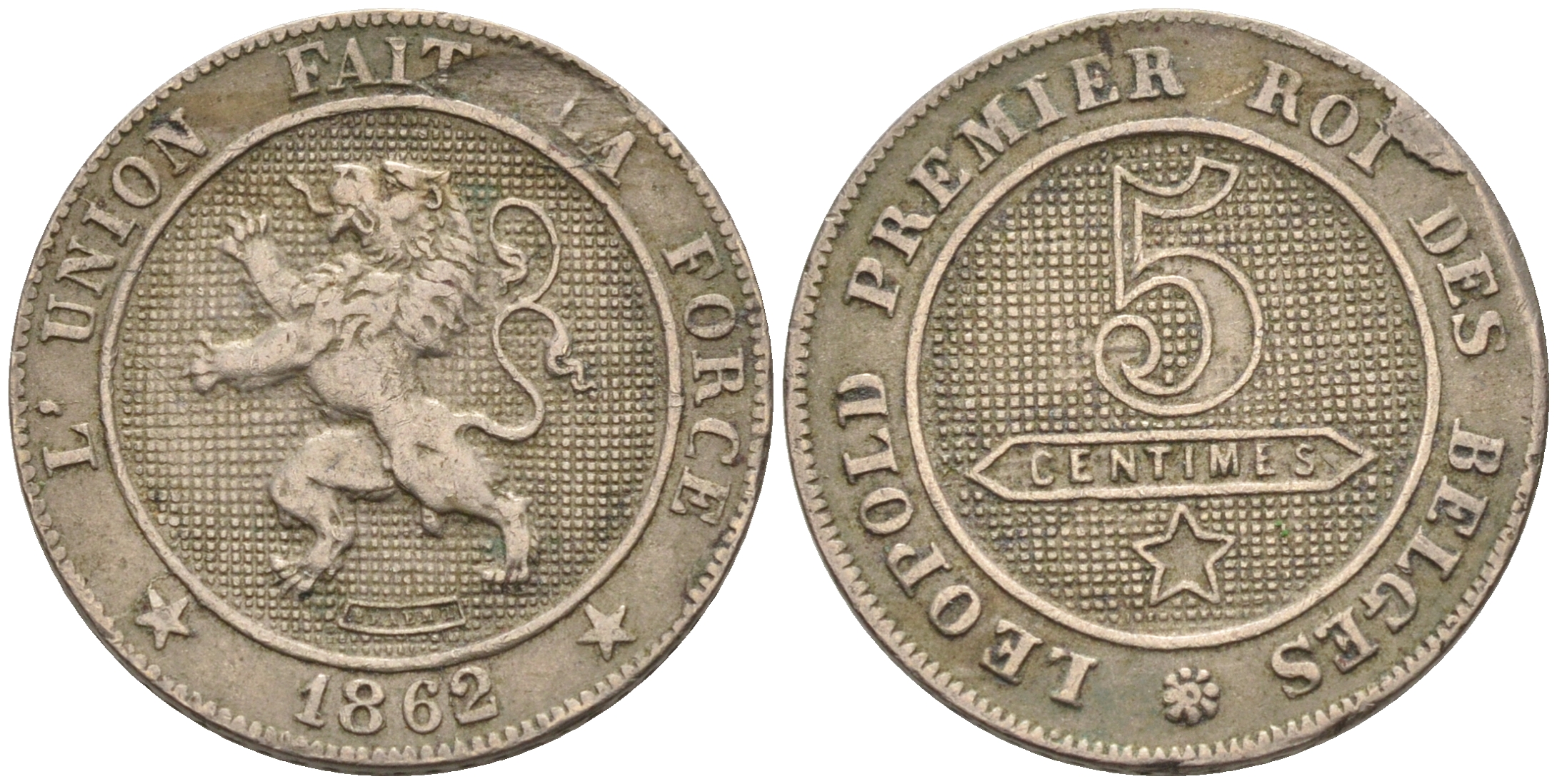 БЕЛЬГИЯ 5 САНТИМОВ 1862 BELGES KM 21 медно-никель 4564-114