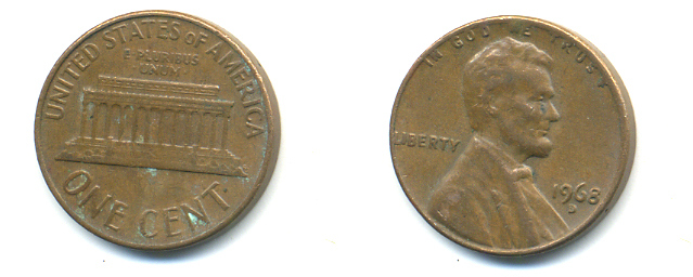 США 1 ЦЕНТ 1968 D, ЛИНКОЛЬН KM 201 медь цинк 86-165