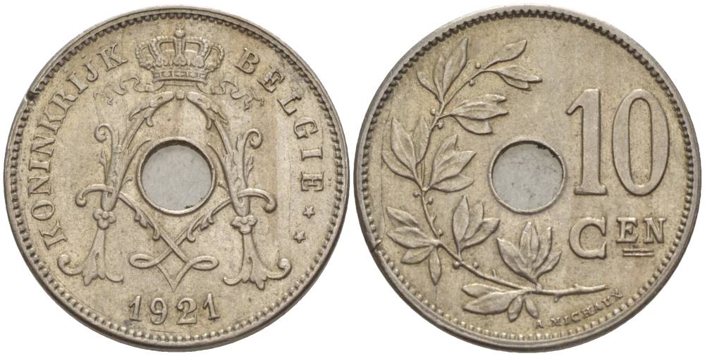 БЕЛЬГИЯ 10 САНТИМОВ 1921 BELGIE KM 86 медно-никель 4546-136