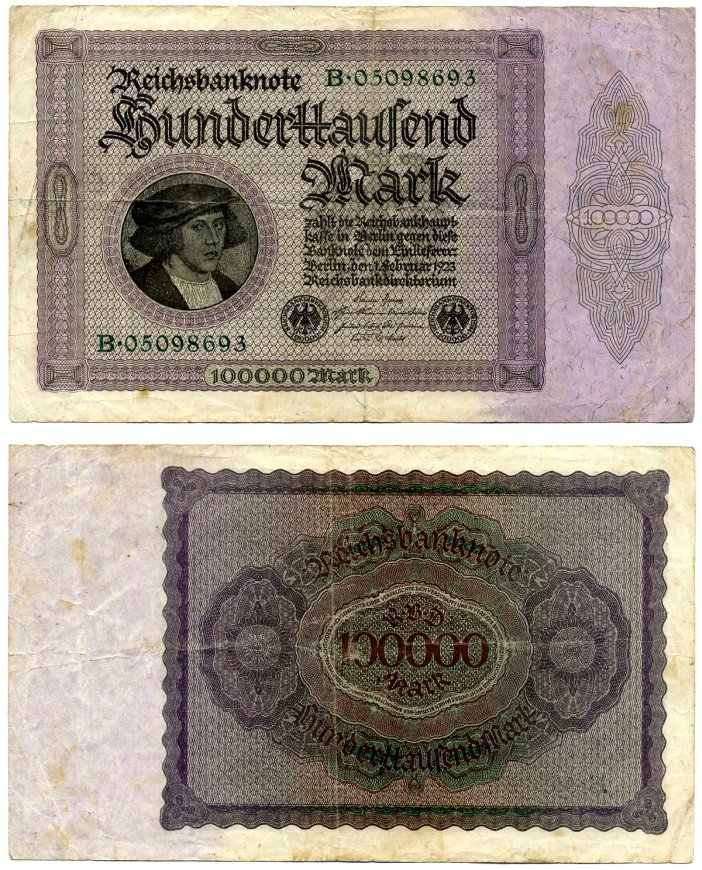 Германия 100000 марок 1923 1 февраля 1923, выпуск (МАРТ 1923-5 июля 1925), номер восьмизначный, серия В 05098693 Pick 83, Роземберг 82а бумага 2194-9-1-2