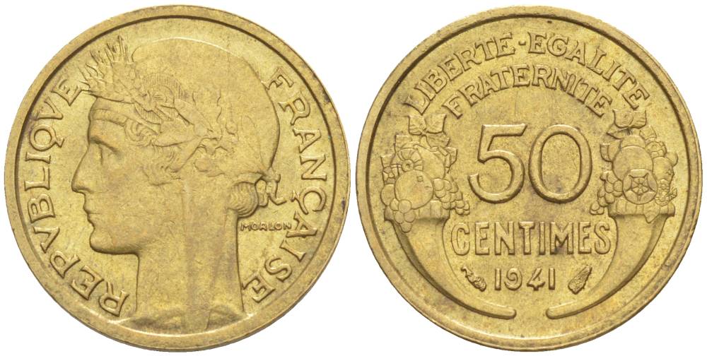 ФРАНЦИЯ 50 САНТИМОВ 1941 ТИП MORLON KM 894.1, LE FRANC 192.18 алюминиевая бронза 44-536