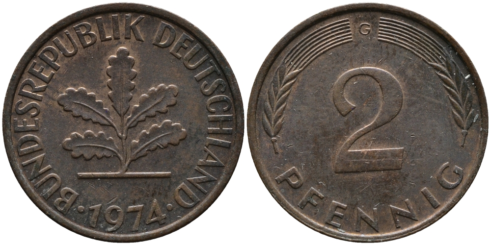 ФРГ 2 пфеннига 1974 G KM 106а, J.381а сталь плакированная медью 99-219