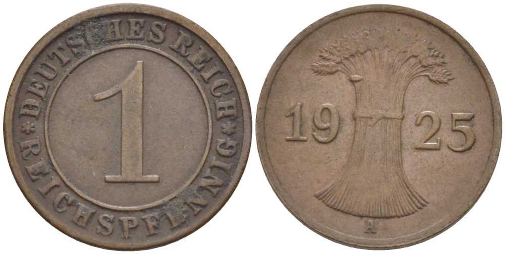 ГЕРМАНИЯ 1 РЕЙХСПФЕННИГ 1925 A KM 37, J. 313, Weege 2 бронза 211-114
