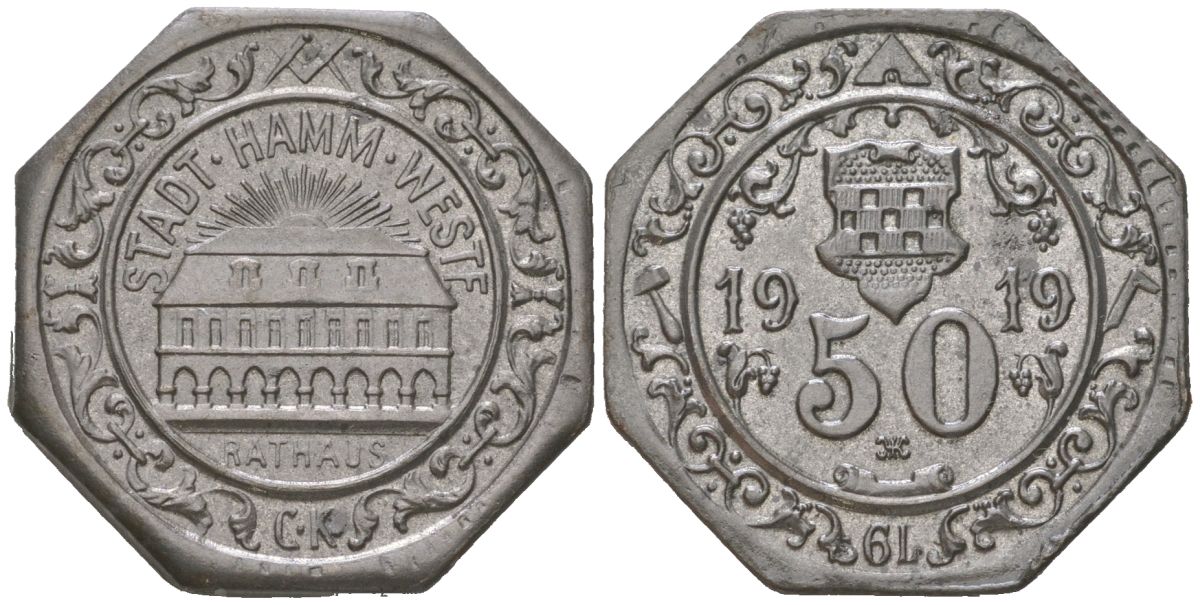 Хамм (Пруссия, Вестфалия) 50 пфеннигов 1919 Funck 191.14, Men05 10723.20, Men18 13447.20 железо aUNC 4597-1133