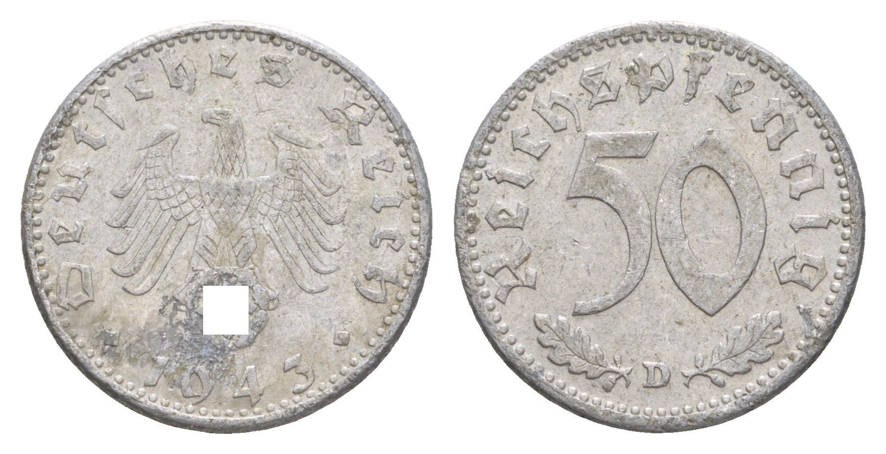 Германия 50 рейхспфеннигов 1943 D KM 96, J. 372 алюминий 4648-1045