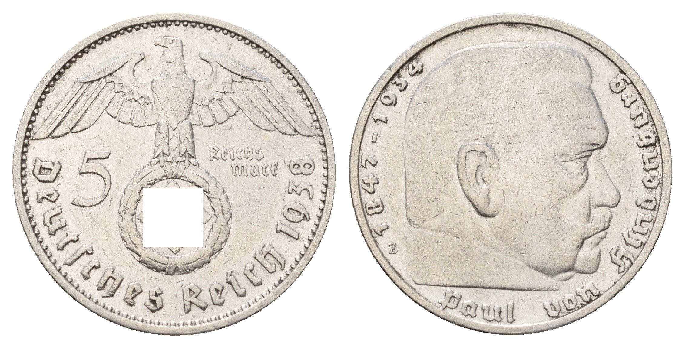 Германия 5 рейхсмарок 1938 E, Пауль фон Гинденбург (1847-1934) KM 94, J. 367 серебро 1518-1525