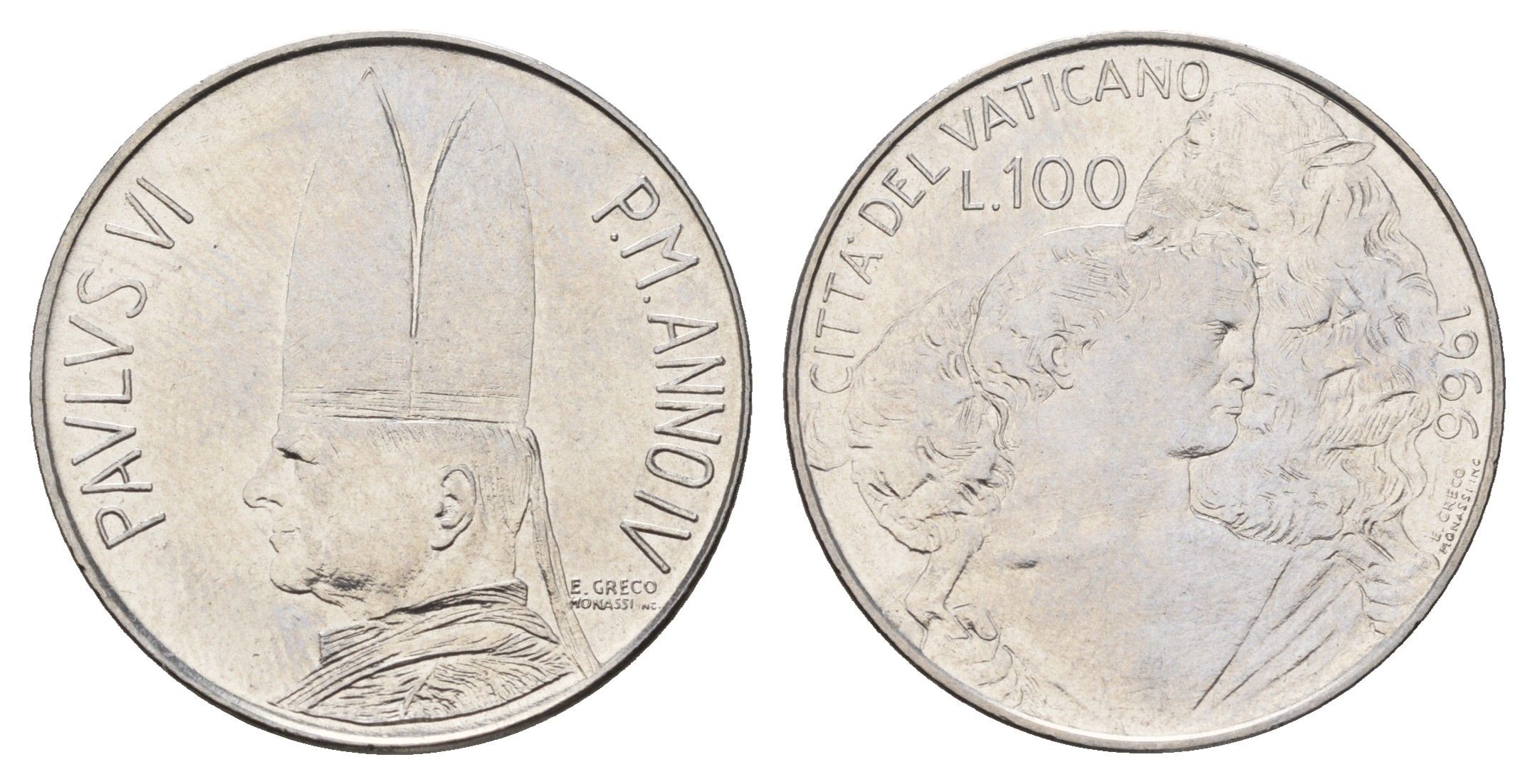 Ватикан 100 лир 1966 MCMLXVI, Павел VI (1963-1978) KM 90 нержавеющая сталь UNC 4671-1016