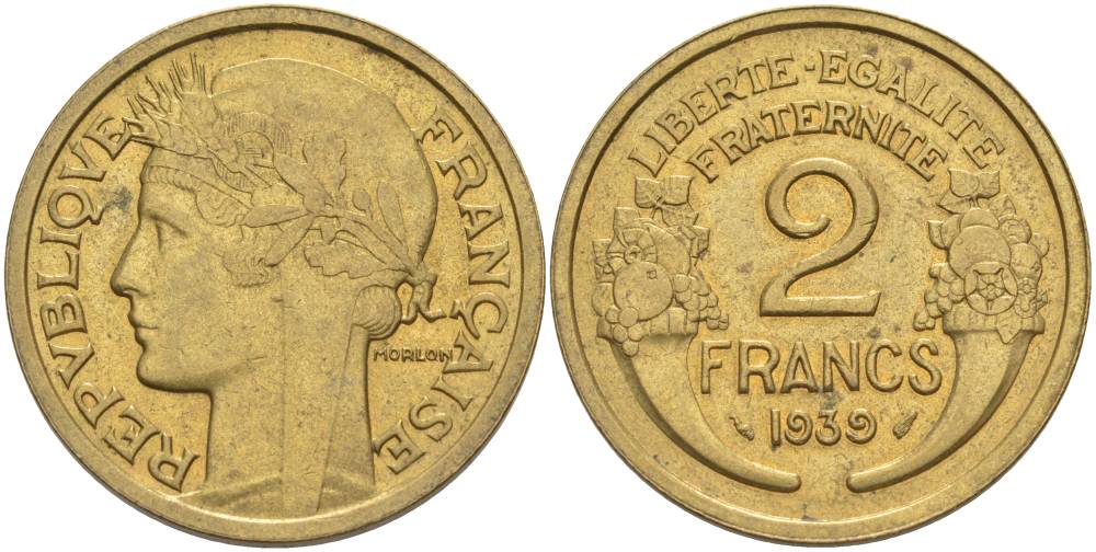 ФРАНЦИЯ 2 ФРАНКА 1939 ТИП MORLON KM 886, LE FRANC 268.12 алюминиевая бронза 3855-142