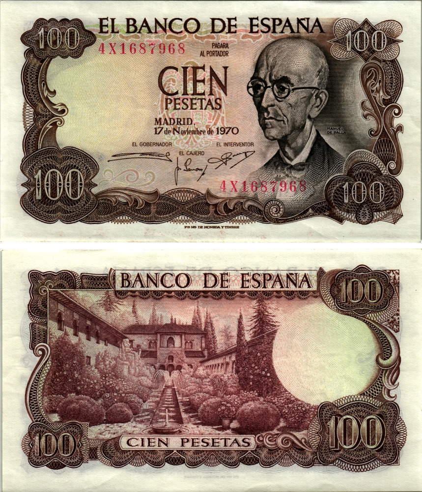 Испания 100 песет 1970 Мануэль де Фалья, летняя резиденция Мавританских королей в Гренаде Pick 152а  бумага аUNC 2192-98-2-1