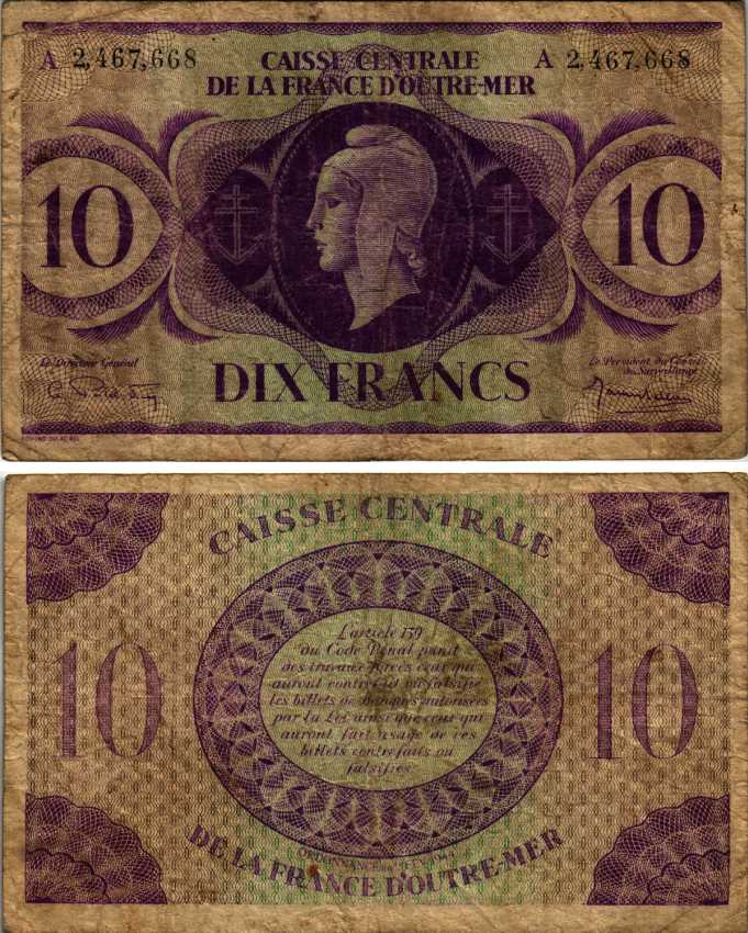 Французская Экваториальная Африка 10 франков 1944 серия А, CAISSE CENTRALE DE LA FRANCE D'OUTRE-MER Pick 16d  бумага   6352-42-1-1