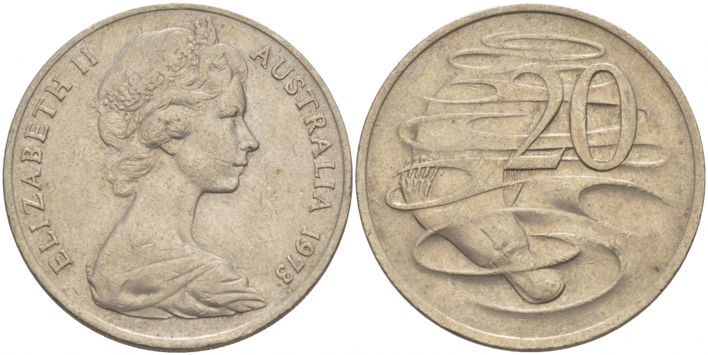 Австралия 20 центов 1973 Елизавета II (1952-2022), утконос KM 66 медно-никель 215-1115