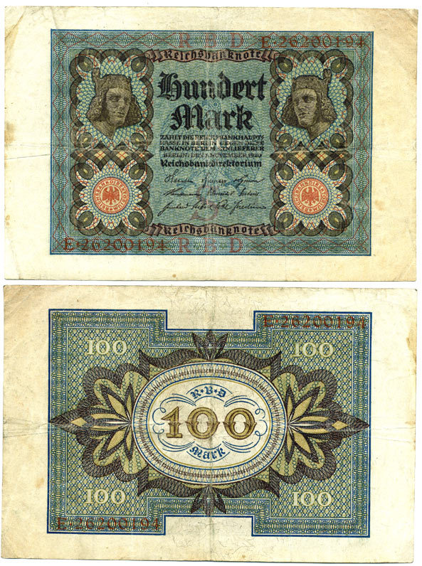 Германия 100 марок 1920 Бамбергский всадник, 8 цифр в номере Pick 69 b, Розенберг 69b бумага 3295-116-2-2